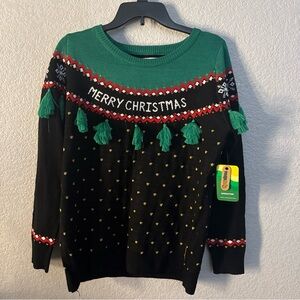 Tipsy Elves Black Green Red "Merry Christmas" Tassel Sweater